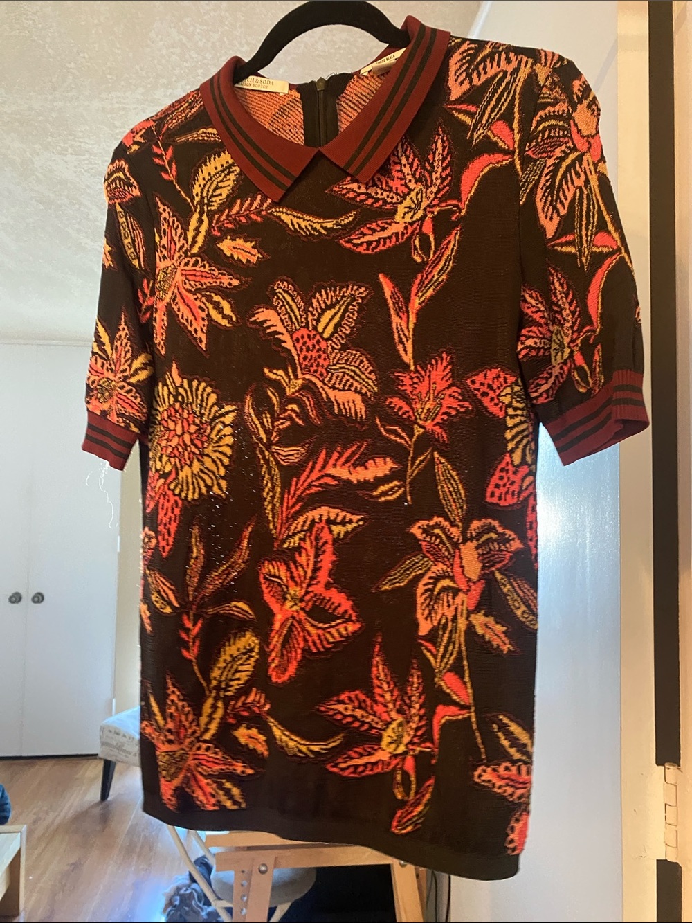 Scotch & Soda Brown Polo Shirt with Red & Orange Floral BAMBOO BEACH SIZE M